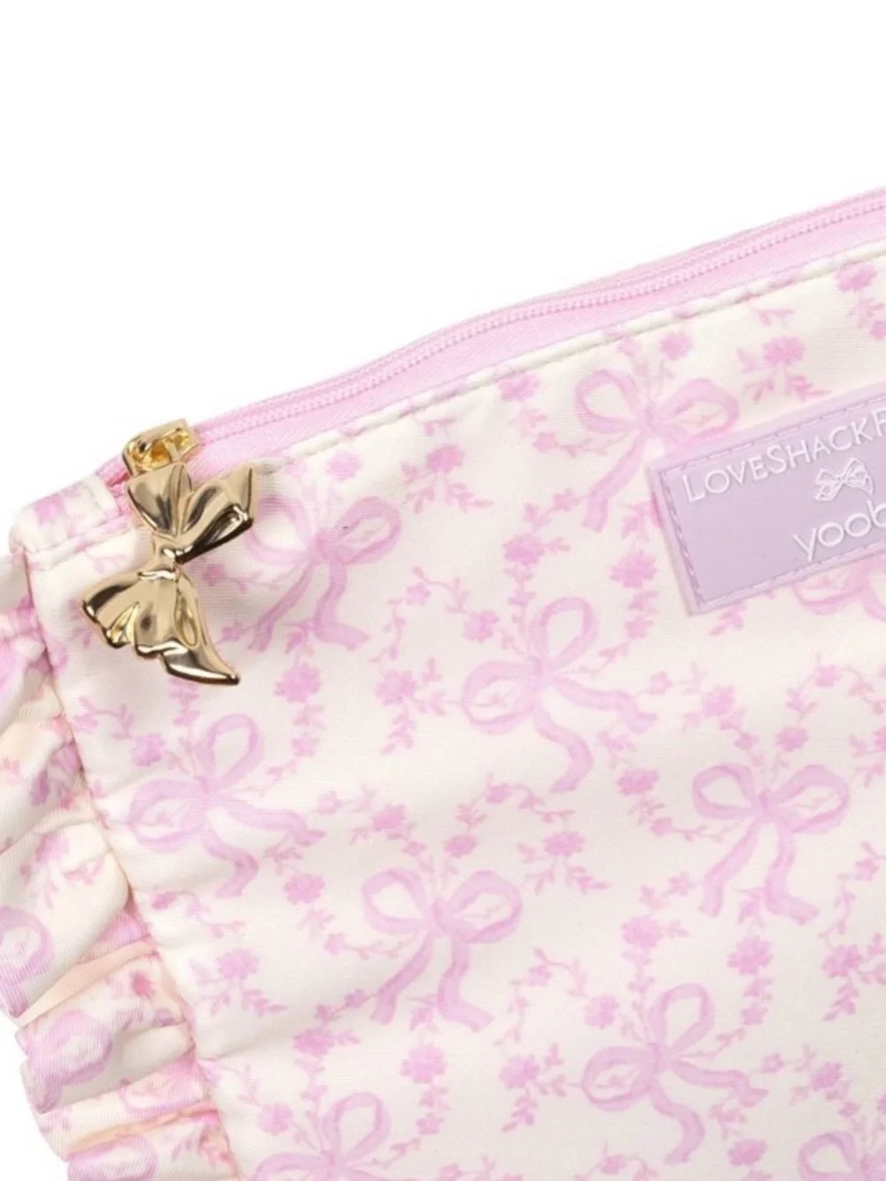 LoveShackFancy Pink & Cream Ruffle Bow Accessory Pouch NWT